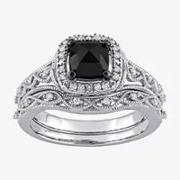 Womens 1 1/5 CT. T.W. Natural Black Diamond 10K White Gold Cushion Halo Bridal Set