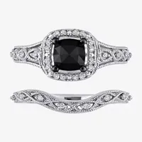 Womens 1 1/5 CT. T.W. Natural Black Diamond 10K White Gold Cushion Halo Bridal Set