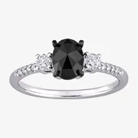 Womens 1 1/5 CT. T.W. Natural Black Diamond 14K White Gold Oval Side Stone 3-Stone Engagement Ring