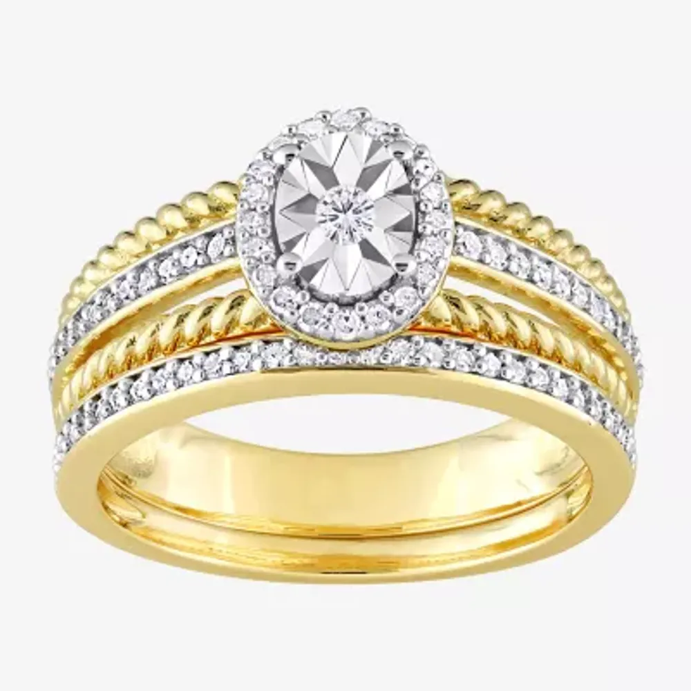 Womens 1/3 CT. T.W. Natural White Diamond 18K Gold Over Silver Oval Side Stone Halo Bridal Set