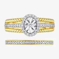 Womens 1/3 CT. T.W. Natural White Diamond 18K Gold Over Silver Oval Side Stone Halo Bridal Set