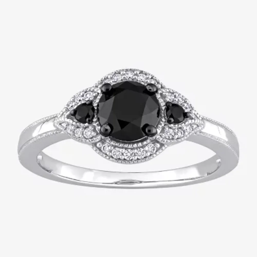 Midnight Black Womens 1 1/7 CT. T.W. Natural Diamond 14K White Gold Round 3-Stone Engagement Ring