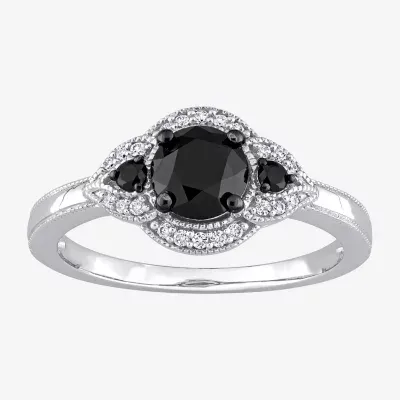 Midnight Black Womens 1 1/7 CT. T.W. Natural Diamond 14K White Gold Round 3-Stone Engagement Ring