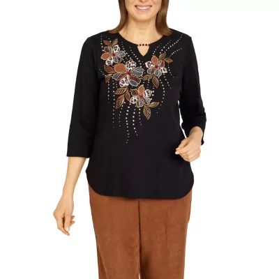 Alfred Dunner Madagascar Womens Keyhole Neck 3/4 Sleeve Embroidered Blouse