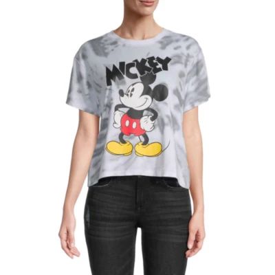 Juniors Womens Crew Neck Short Sleeve Mickey Mouse Tie-Dye Graphic T-Shirt