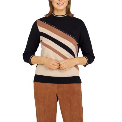Alfred Dunner Madagascar Womens Mock Neck 3/4 Sleeve Pullover Sweater
