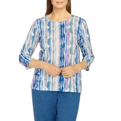 Alfred Dunner Floral Park Womens Crew Neck 3/4 Sleeve T-Shirt