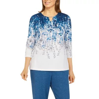 Alfred Dunner Floral Park Womens Keyhole Neck 3/4 Sleeve T-Shirt