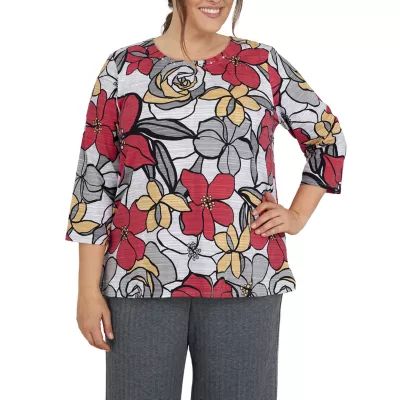 Alfred Dunner Plus Empire State Womens Round Neck 3/4 Sleeve Blouse