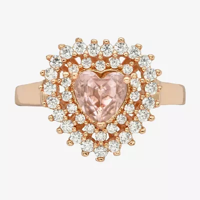 Sparkle Allure Double Halo Crystal 18K Rose Gold Over Brass Heart Cocktail Ring