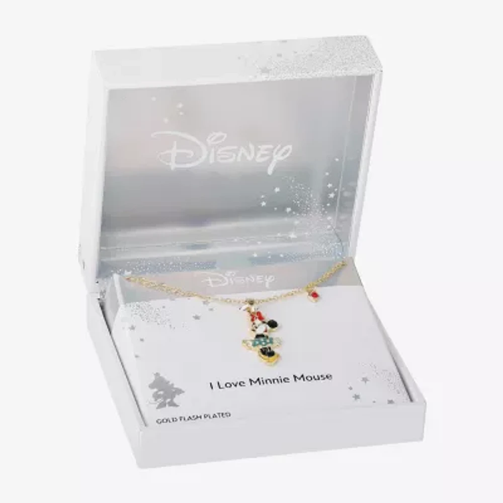 Disney Classics Crystal 18K Gold Over Brass 18 Inch Cable Bow Minnie Mouse Pendant Necklace