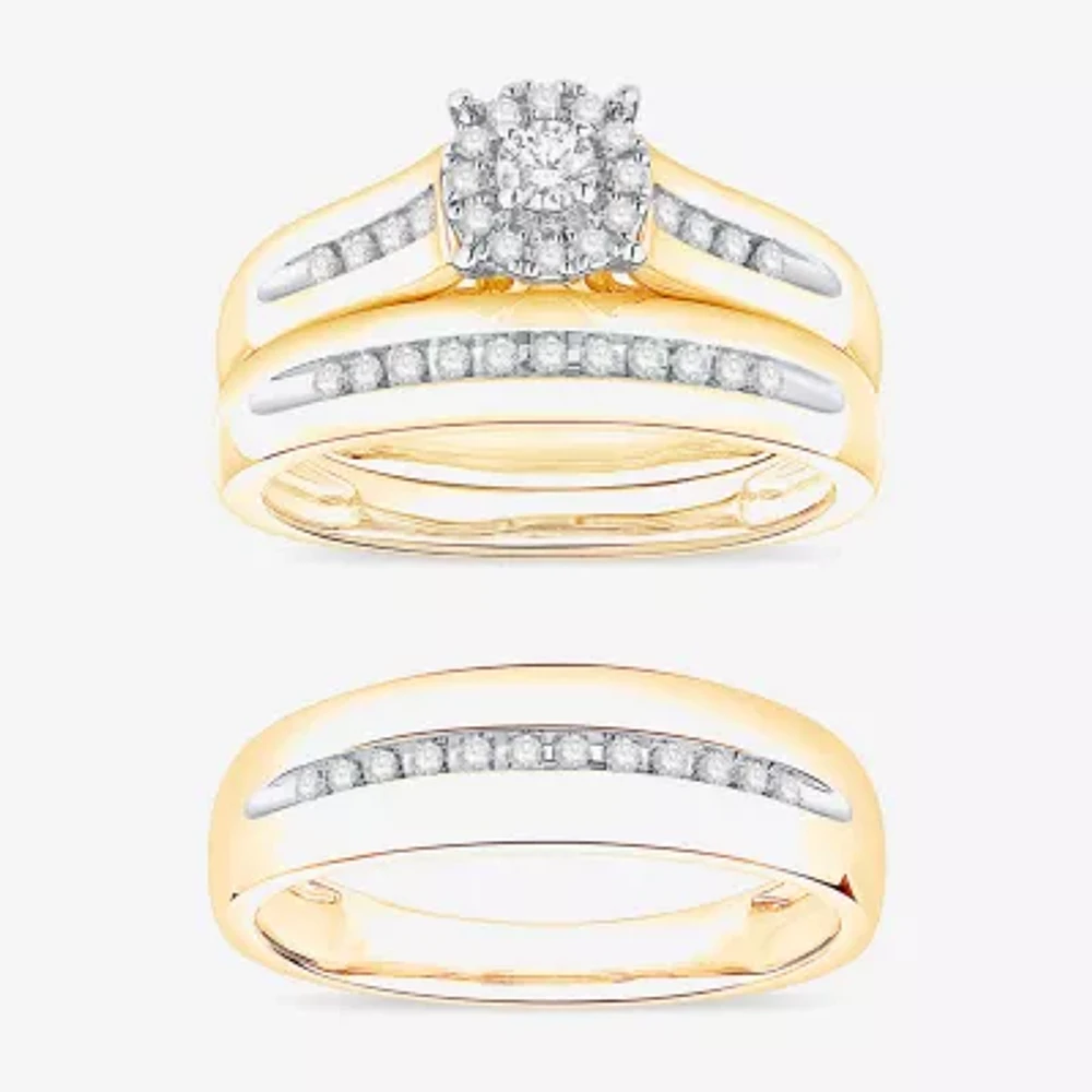 (I / Si1) 3PC Trio Set Featuring 3/8 CT. T.W. Lab Grown White Diamond 10K Two Tone Gold Round Side Stone Wedding Bridal Set