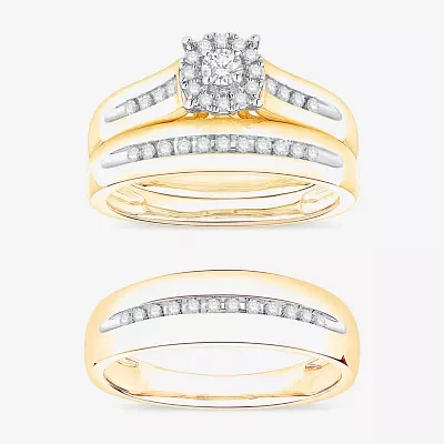 (I / Si1) 3PC Trio Set Featuring 3/8 CT. T.W. Lab Grown White Diamond 10K Two Tone Gold Round Side Stone Wedding Bridal Set