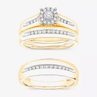 (I / Si1) 3PC Trio Set Featuring 3/8 CT. T.W. Lab Grown White Diamond 10K Two Tone Gold Round Side Stone Wedding Bridal Set