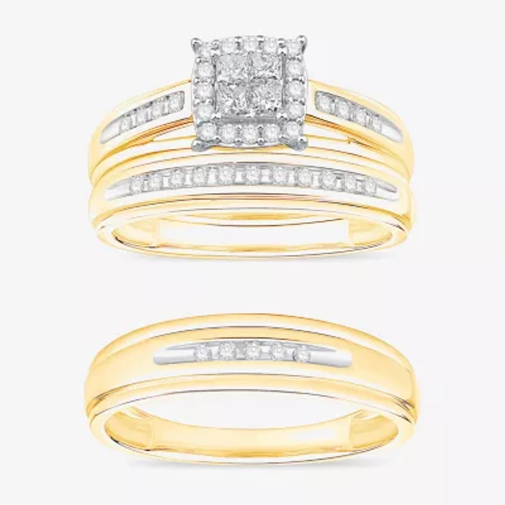 (I / Si1) 3PC Trio Set Featuring 1/2 CT. T.W. Lab Grown White Diamond 10K Two Tone Gold Side Stone Wedding Bridal Set