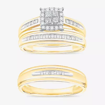 (I / Si1) 3PC Trio Set Featuring 1/2 CT. T.W. Lab Grown White Diamond 10K Two Tone Gold Side Stone Wedding Bridal Set