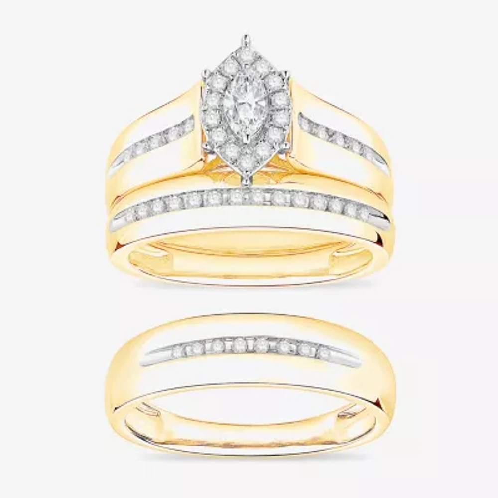(I / Si1) 3PC Trio Set Featuring 1/2 CT. T.W. Lab Grown White Diamond 10K Two Tone Gold Marquise Side Stone Wedding Bridal Set