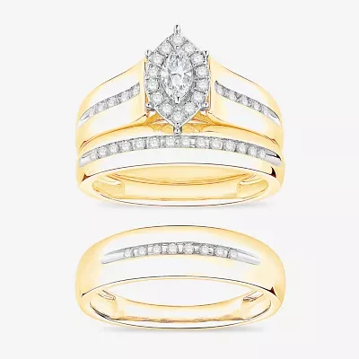 (I / Si1) 3PC Trio Set Featuring 1/2 CT. T.W. Lab Grown White Diamond 10K Two Tone Gold Marquise Side Stone Wedding Bridal Set