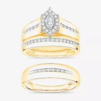 (I / Si1) 3PC Trio Set Featuring 1/2 CT. T.W. Lab Grown White Diamond 10K Two Tone Gold Marquise Side Stone Wedding Bridal Set