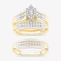 (I / Si1) 3PC Trio Set Featuring 1/2 CT. T.W. Lab Grown White Diamond 10K Two Tone Gold Marquise Side Stone Bridal Set
