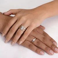 (I / Si1) 3PC Trio Set Featuring 1/2 CT. T.W. Lab Grown White Diamond 10K Two Tone Gold Marquise Side Stone Bridal Set