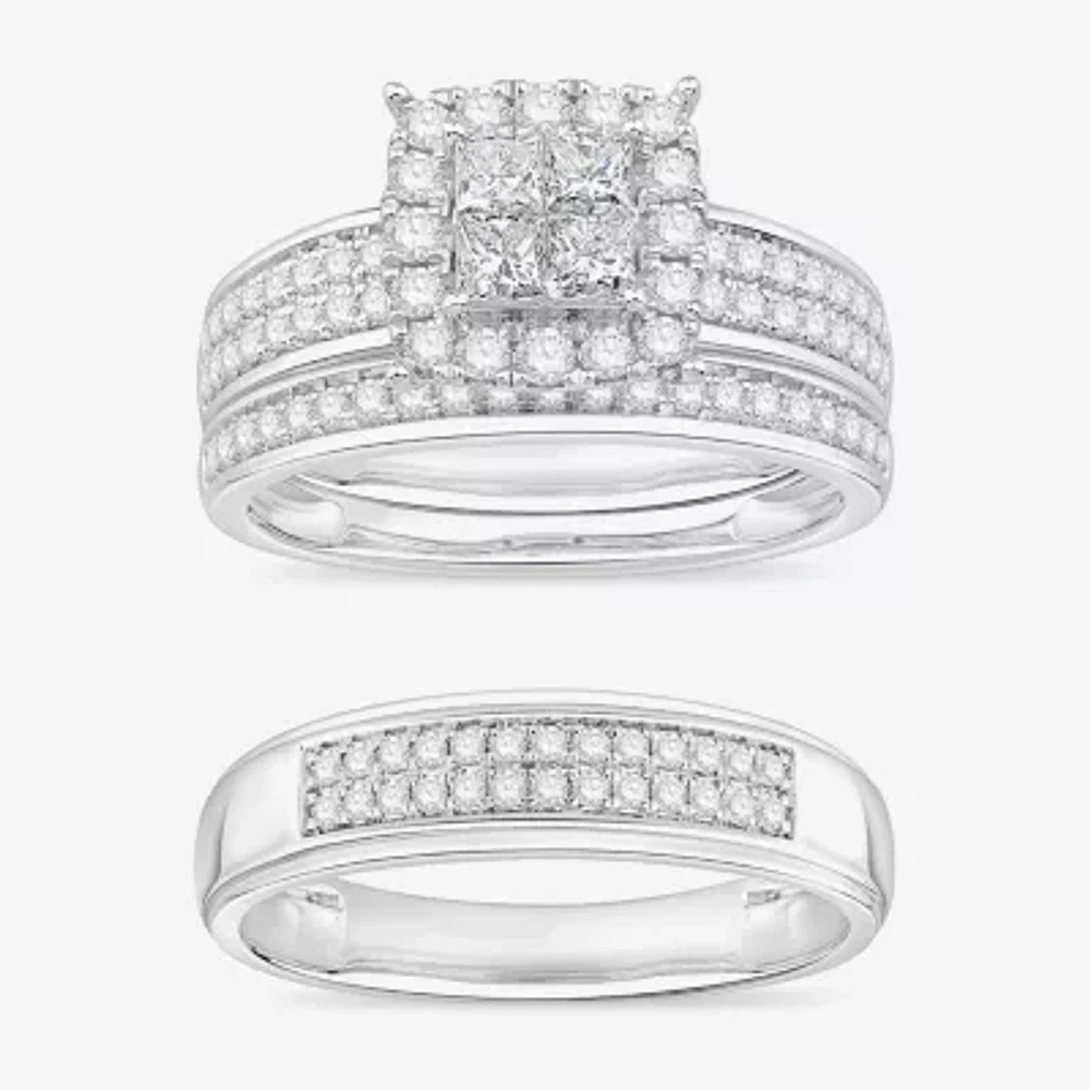 (I / Si1) 3PC Trio Set Featuring 1 1/2 CT. T.W. Lab Grown White Diamond 10K White Gold Side Stone Wedding Bridal Set