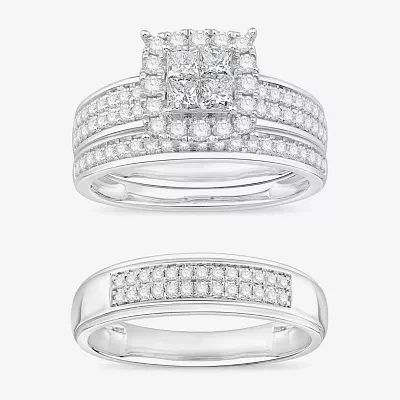 (I / Si1) 3PC Trio Set Featuring 1 1/2 CT. T.W. Lab Grown White Diamond 10K White Gold Side Stone Wedding Bridal Set