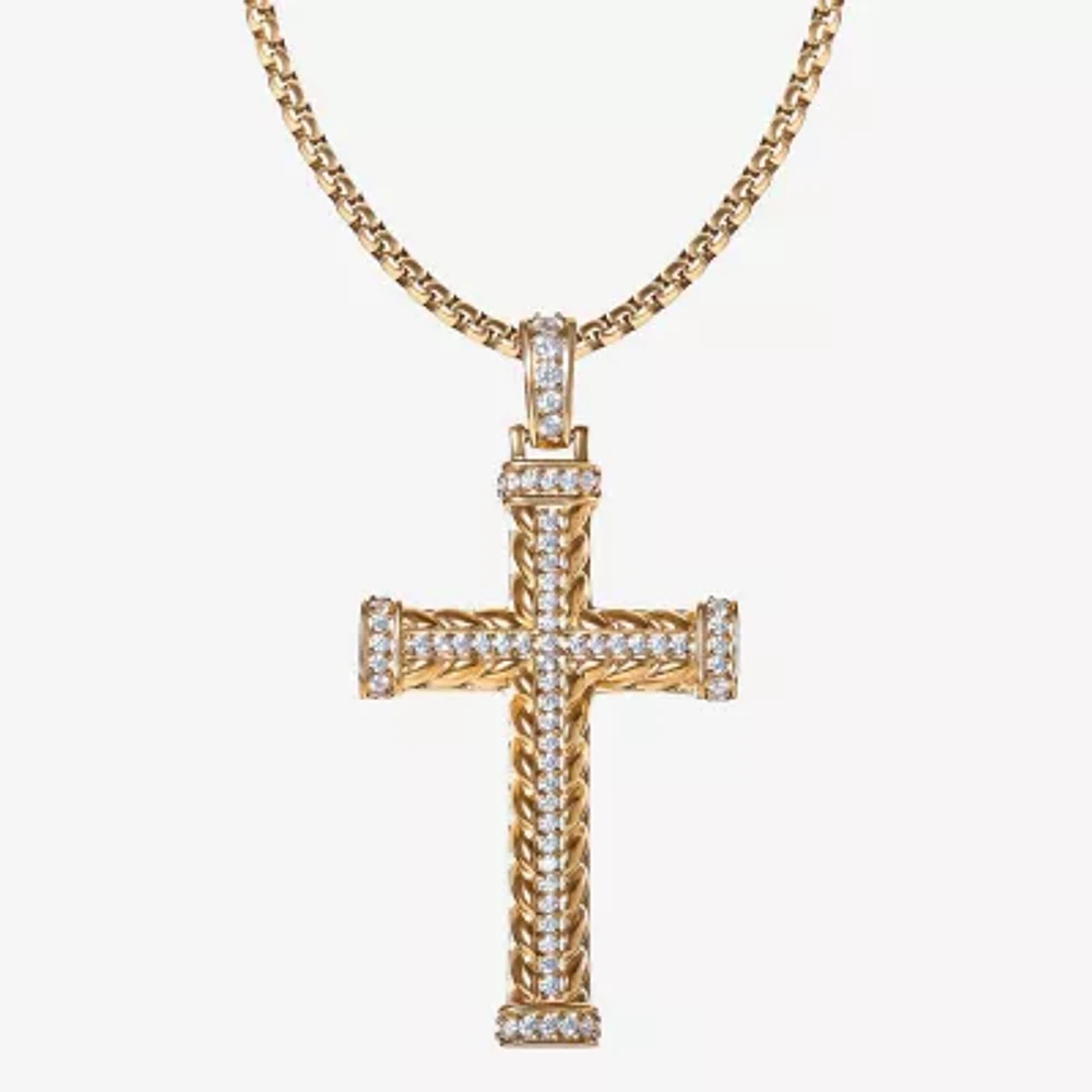 Mens White Cubic Zirconia Stainless Steel Cross Pendant Necklace