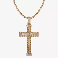 Mens White Cubic Zirconia Stainless Steel Cross Pendant Necklace