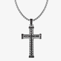 Mens Black Cubic Zirconia Stainless Steel Cross Pendant Necklace