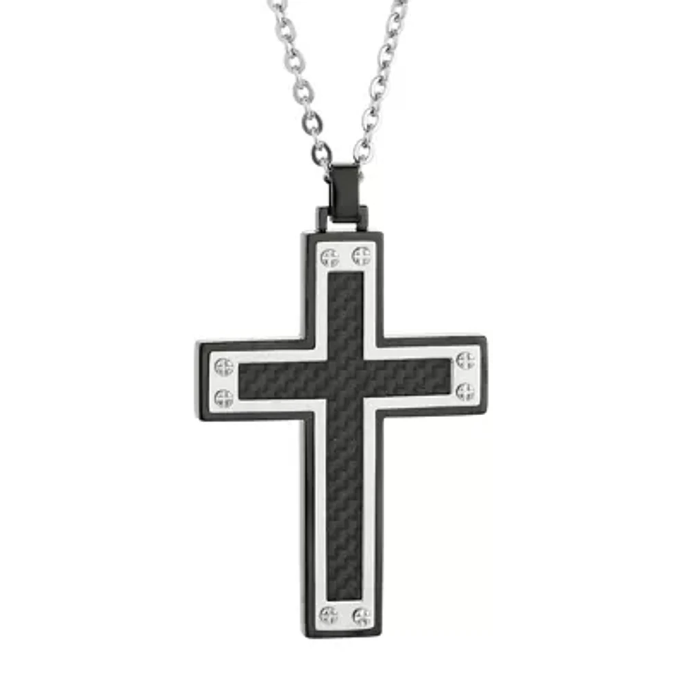 Mens Stainless Steel & Black IP w/Carbon Fiber Inlay Cross Pendant Necklace