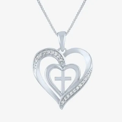 Womens 1/10 CT. T.W. Natural White Diamond Sterling Silver Cross Heart Pendant Necklaces