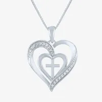 Womens 1/10 CT. T.W. Natural White Diamond Sterling Silver Cross Heart Pendant Necklace