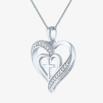 Womens 1/10 CT. T.W. Mined White Diamond Sterling Silver Cross Heart Pendant Necklace