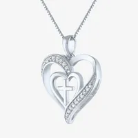 Womens 1/10 CT. T.W. Natural White Diamond Sterling Silver Cross Heart Pendant Necklace