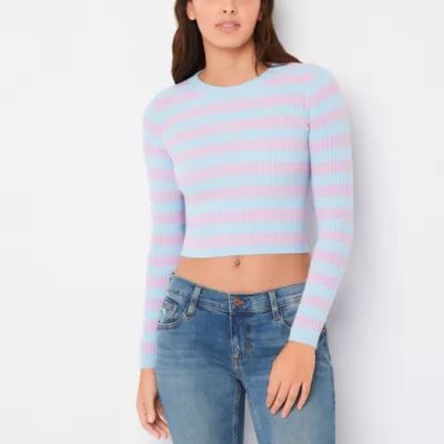 Arizona Juniors Womens Crew Neck Long Sleeve Striped Pullover Sweater