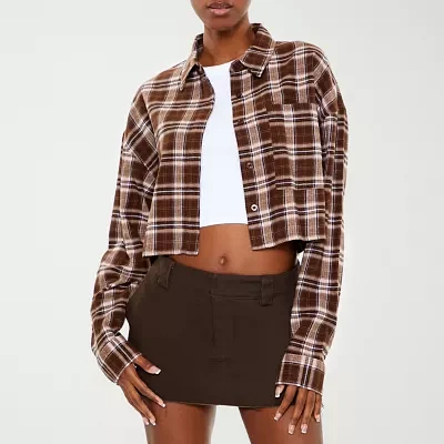 Forever 21 Juniors Cropped Womens Long Sleeve Flannel Shirt