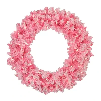 Northlight Flocked Pink Artificial With Clear Lights Pre-Lit Indoor Wreath