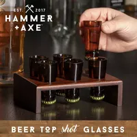 Hammer + Axe Beer Top Shot Glass Set, 6 Bottle Neck Glasses With Wood Display Stand