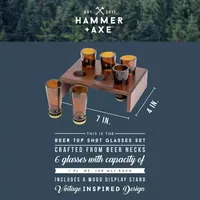 Hammer + Axe Beer Top Shot Glass Set, 6 Bottle Neck Glasses With Wood Display Stand