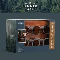 Hammer + Axe Beer Top Shot Glass Set, 6 Bottle Neck Glasses With Wood Display Stand