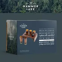 Hammer + Axe Beer Top Shot Glass Set, 6 Bottle Neck Glasses With Wood Display Stand