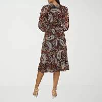 MSK Womens Long Sleeve Paisley Midi Fit + Flare Dress