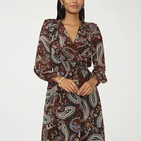 MSK Womens Long Sleeve Paisley Midi Fit + Flare Dress