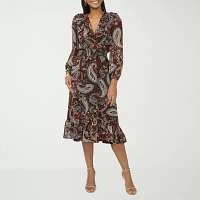 MSK Womens Long Sleeve Paisley Midi Fit + Flare Dress