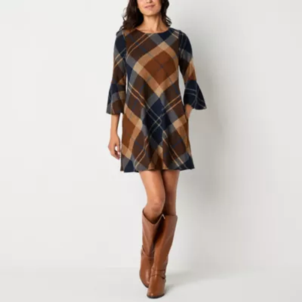 Jessica Howard Womens 3/4 Sleeve Plaid Shift Dress Petite