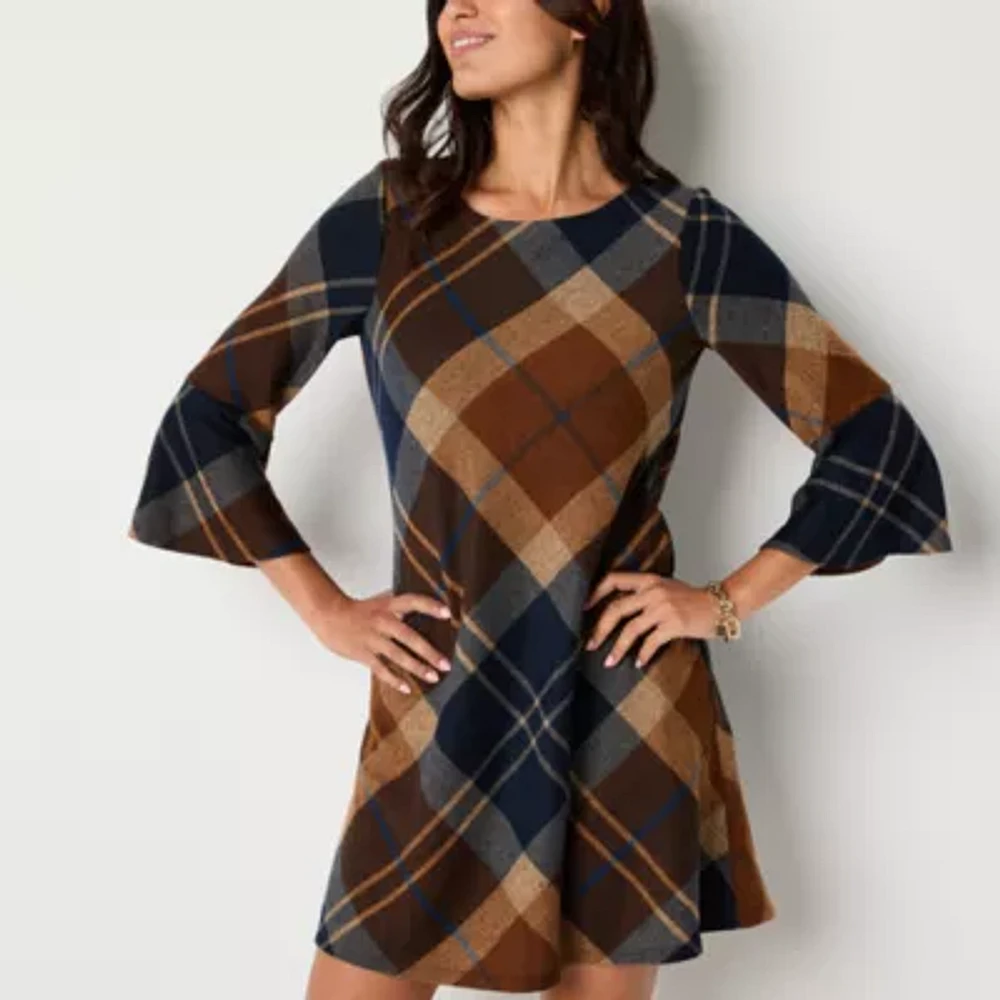 Jessica Howard Womens 3/4 Sleeve Plaid Shift Dress Petite