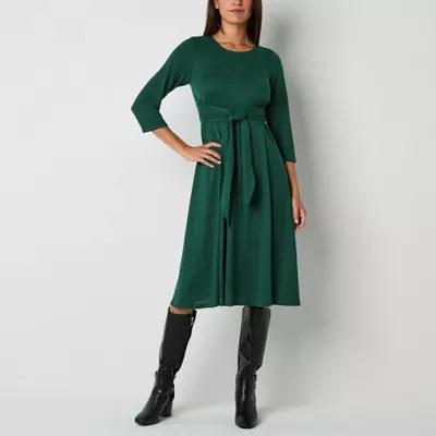 Robbie Bee Womens 3/4 Sleeve Midi Fit + Flare Dress Petite