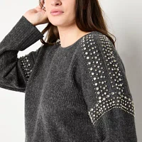 a.n.a Tall Womens Crew Neck Embellished Long Sleeve Pullover Sweater