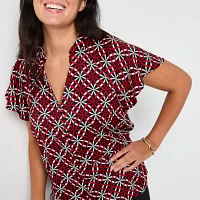 Liz Claiborne Womens Split Crew Neck Short Sleeve Satin Blouse